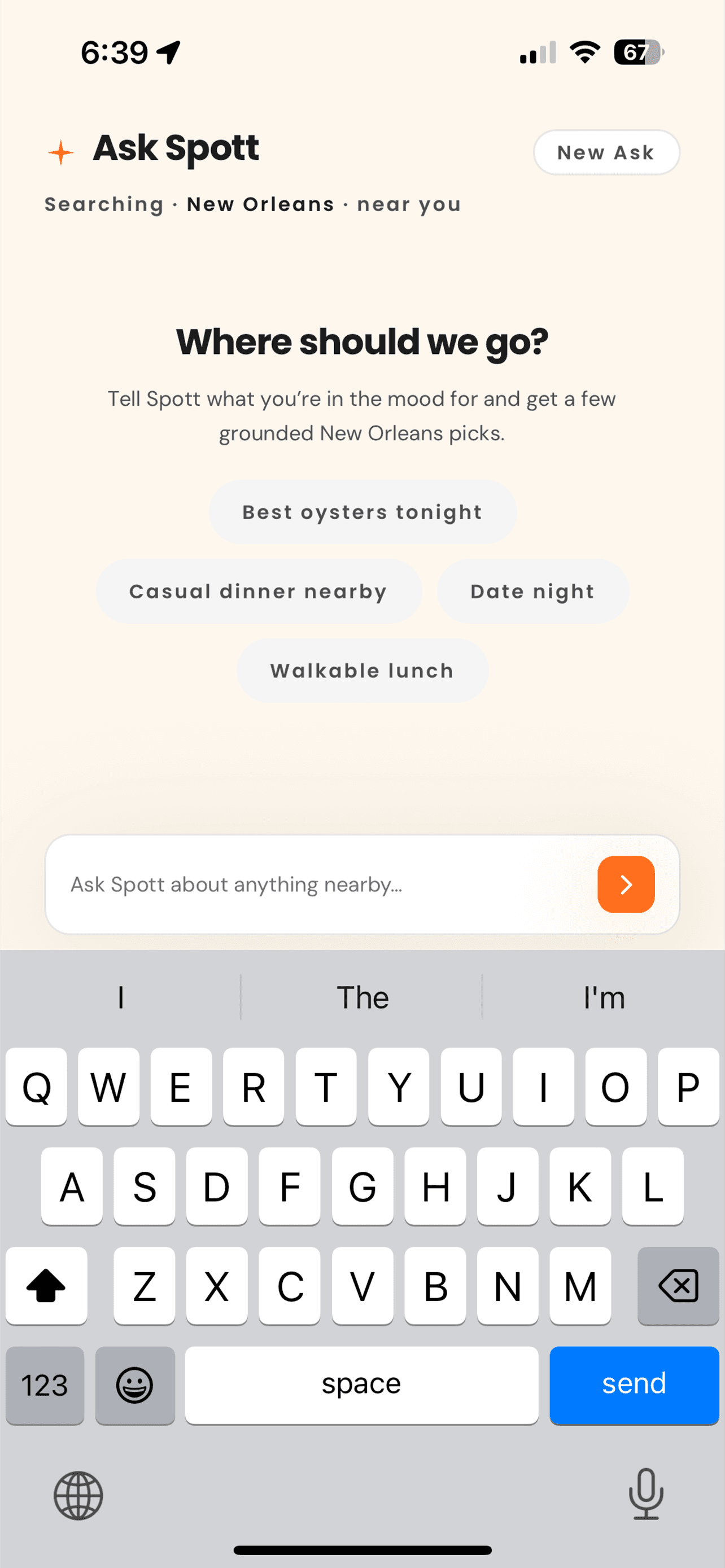 Ask Spott in the app — plain-language New Orleans recommendations with example prompts.