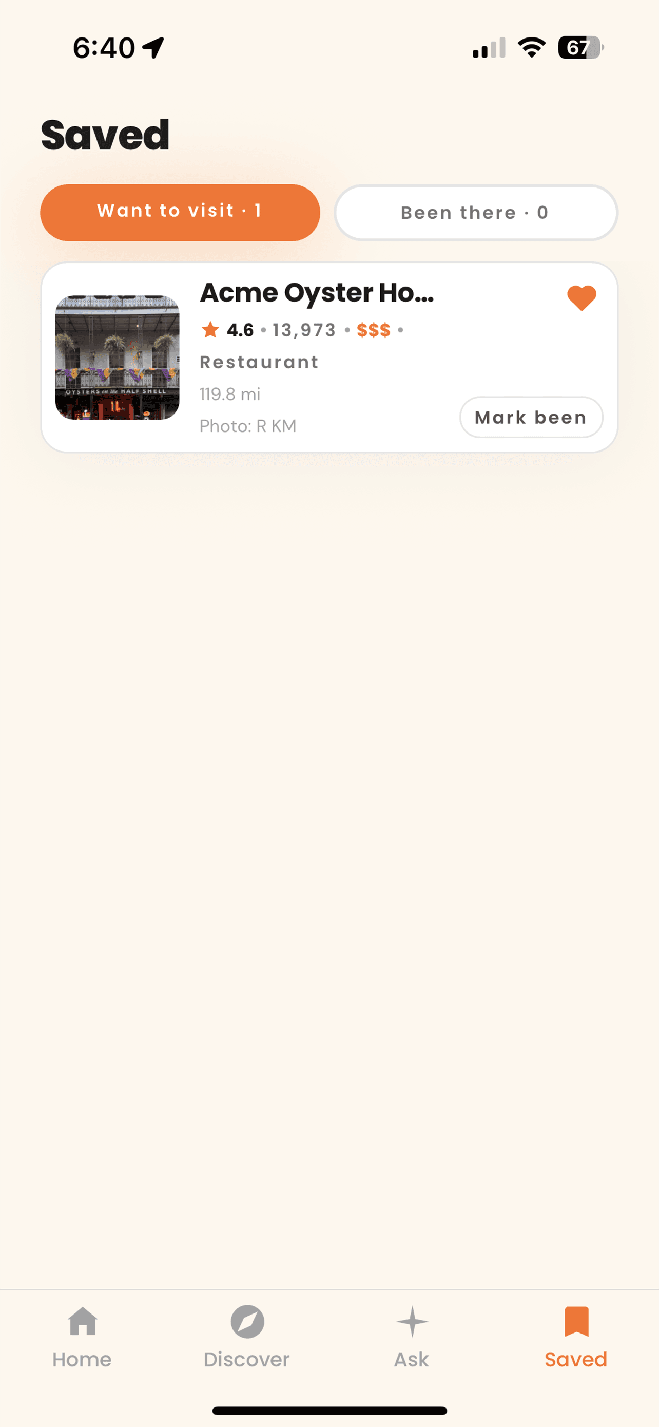 The Spott app saved list — a Want to visit / Been there view of places kept on your phone.